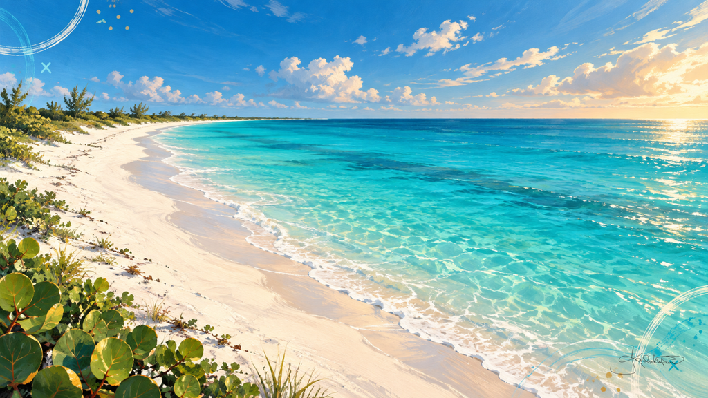 Grace Bay on Providenciales, a wide pale beach and calm turquoise water with sea grape leaves in the foreground. Dreamy Beach 4K desktop wallpaper by Dreams On Kanvas