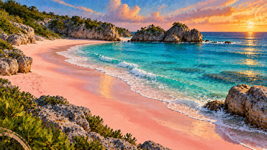Horseshoe Bay in Bermuda at sunset, pink sand curving around turquoise water with weathered rocks at the point. Dreamy Beach 4K desktop wallpaper by Dreams On Kanvas