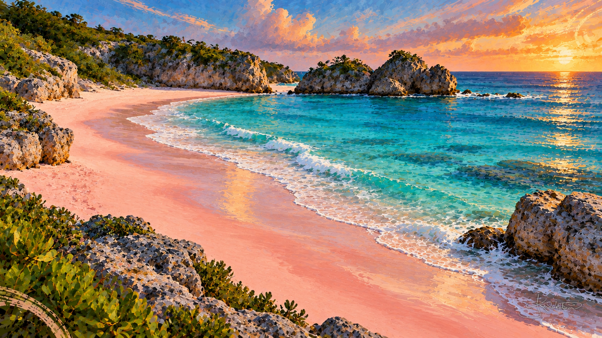 Horseshoe Bay in Bermuda at sunset, pink sand curving around turquoise water with weathered rocks at the point. Dreamy Beach 4K desktop wallpaper by Dreams On Kanvas