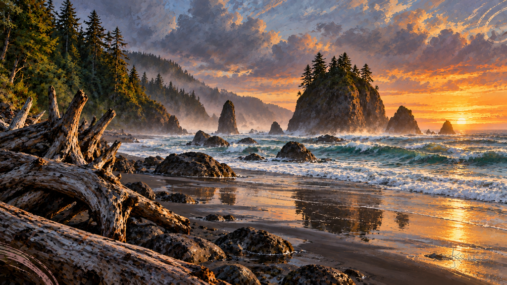 Ruby Beach in Olympic National Park at sunset, sea stacks topped with pines, driftwood logs and surf on the dark sand. Dreamy Beach 4K desktop wallpaper by Dreams On Kanvas