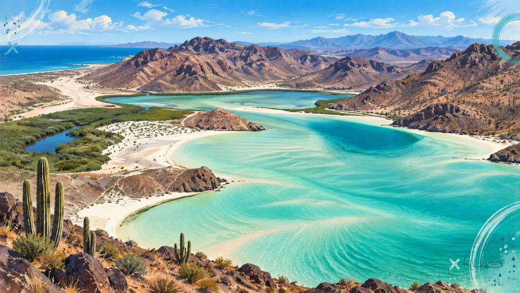 Playa Balandra near La Paz seen from the hills, a pale turquoise bay held inside desert ridges with cactus in the foreground. Dreamy Beach 4K desktop wallpaper by Dreams On Kanvas