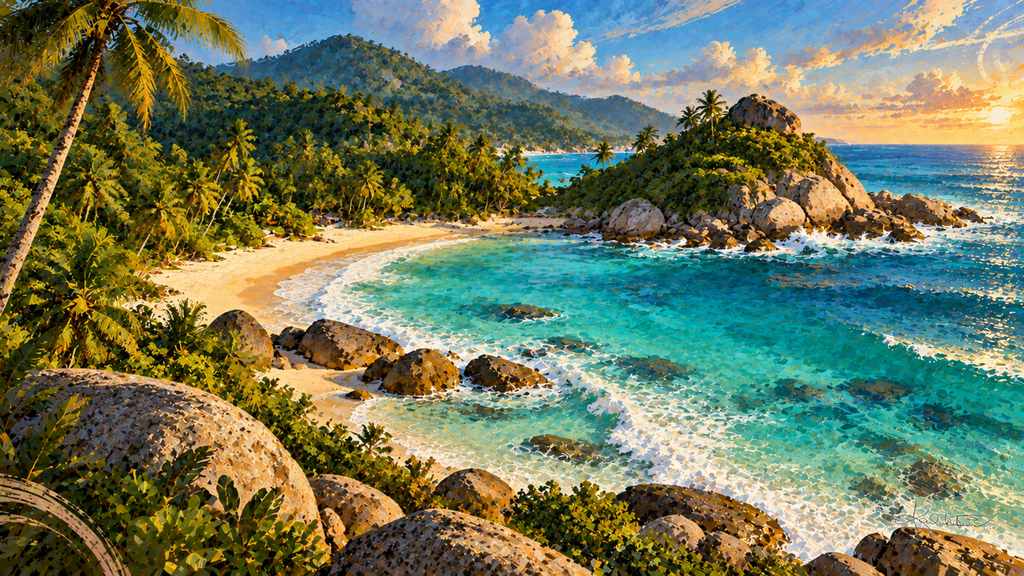 Cabo San Juan del Guía in Tayrona National Park, twin beaches either side of a rocky headland with jungle and palms running down to the sand. Dreamy Beach 4K desktop wallpaper by Dreams On Kanvas