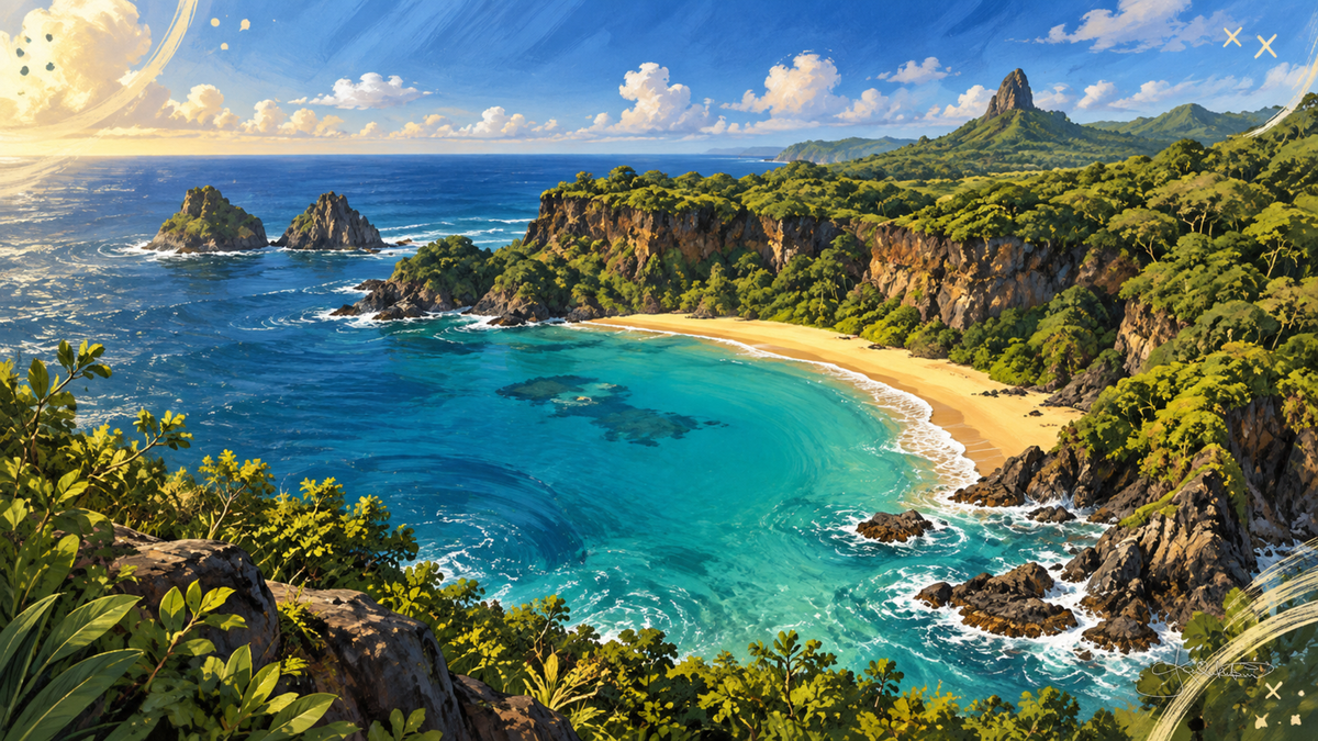 Baía do Sancho on Fernando de Noronha from the clifftop, a small golden beach below forested cliffs with the island's peak behind. Dreamy Beach 4K desktop wallpaper by Dreams On Kanvas