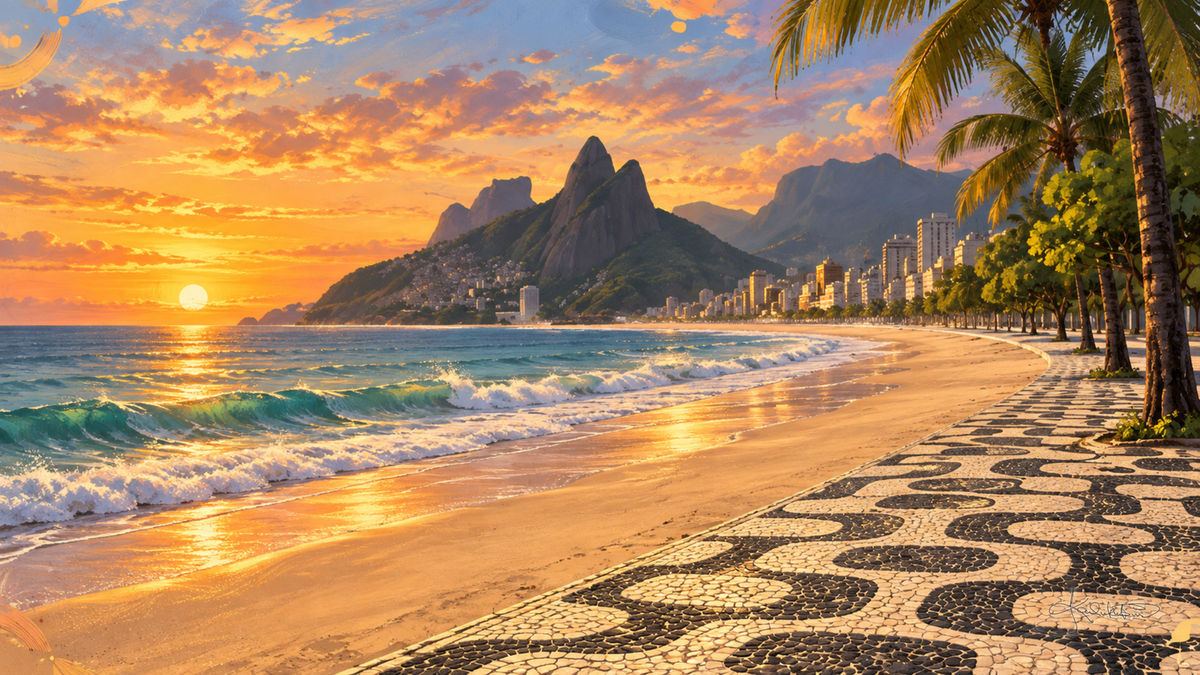 Ipanema Beach in Rio de Janeiro at sunset, the Dois Irmãos peaks across the bay with the wave-patterned promenade and palms in the foreground. Dreamy Beach 4K desktop wallpaper by Dreams On Kanvas