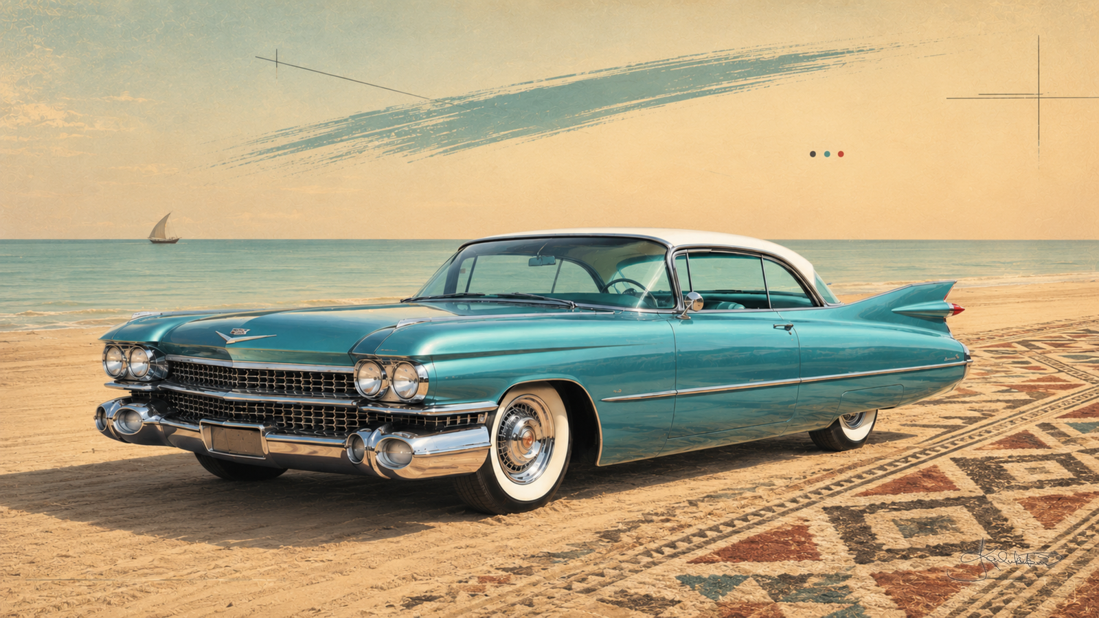 A turquoise and white 1959 Cadillac with tail fins and whitewall tyres on the sand by the sea, a dhow sail on the horizon and a sadu patterned carpet under its rear wheels. Dreamy Car 4K desktop wallpaper by Dreams On Kanvas
