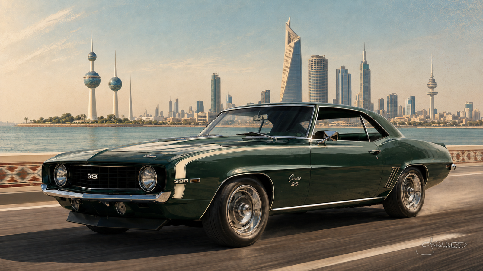 A dark green 1969 Camaro SS with white stripes running along a coastal road, the Kuwait Towers and the city skyline behind it. Dreamy Car 4K desktop wallpaper by Dreams On Kanvas