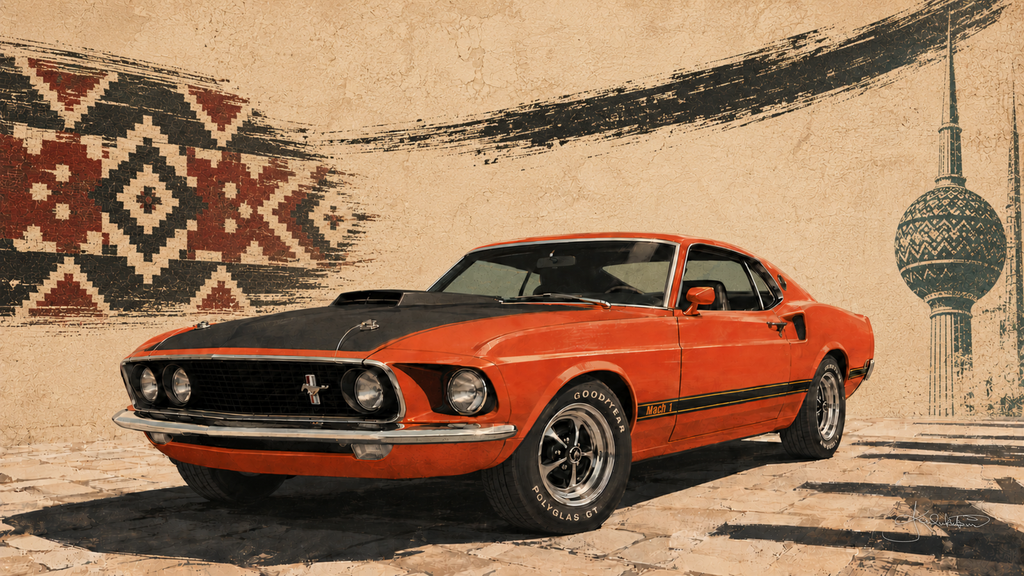 An orange 1969 Mustang Mach 1 with a matte black bonnet on old paving, a sadu weaving and a dark brushstroke across the plaster wall behind it and a Kuwait tower to the right. Dreamy Car 4K desktop wallpaper by Dreams On Kanvas
