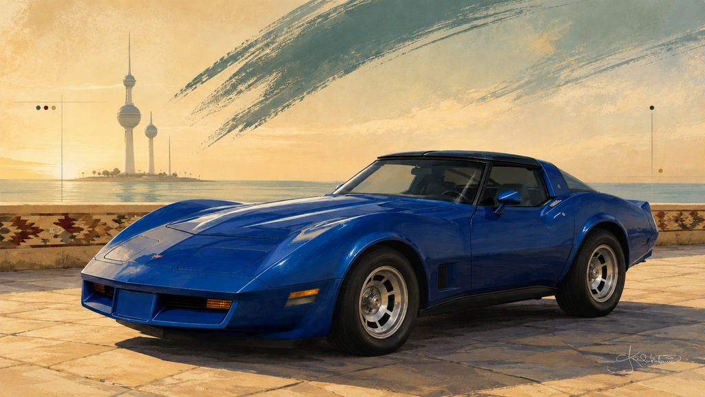 A blue 1982 Corvette Stingray on a tiled terrace at sunset, the Kuwait Towers on the horizon and a sadu border running along the low wall. Dreamy Car 4K desktop wallpaper by Dreams On Kanvas