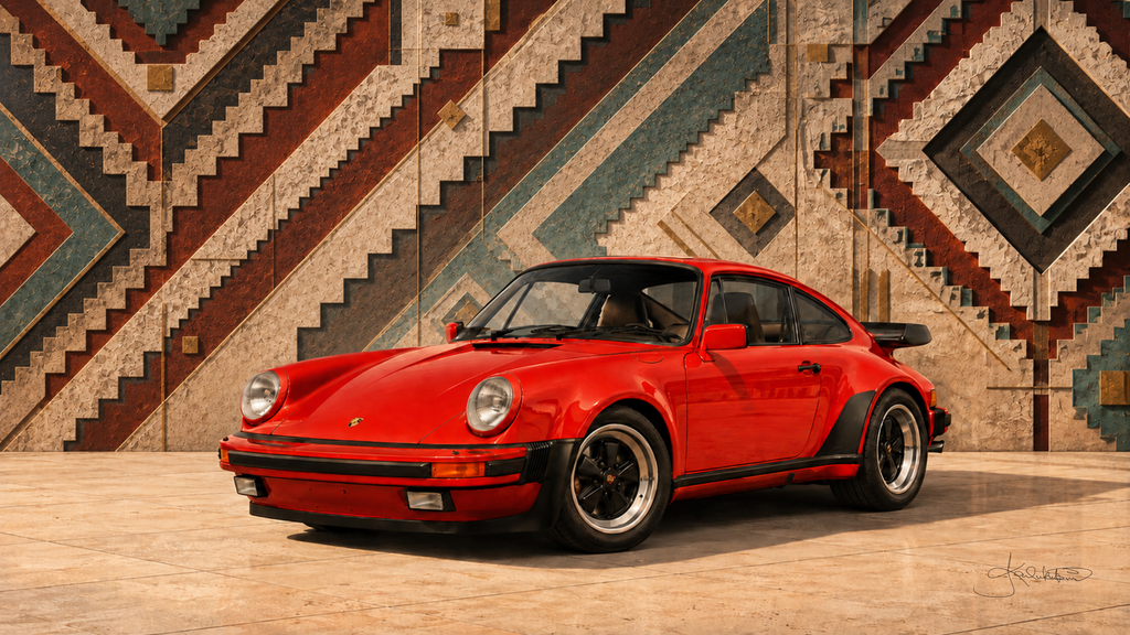 A red 1987 Porsche 911 Turbo on polished stone in front of a tall wall of stepped sadu weaving in cream, red and green. Dreamy Car 4K desktop wallpaper by Dreams On Kanvas