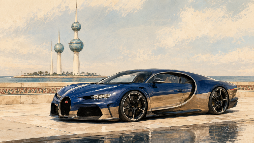 A blue and gold Bugatti Chiron Super Sport on a wet marble waterfront with the Kuwait Towers rising behind it. Dreamy Car 4K desktop wallpaper by Dreams On Kanvas