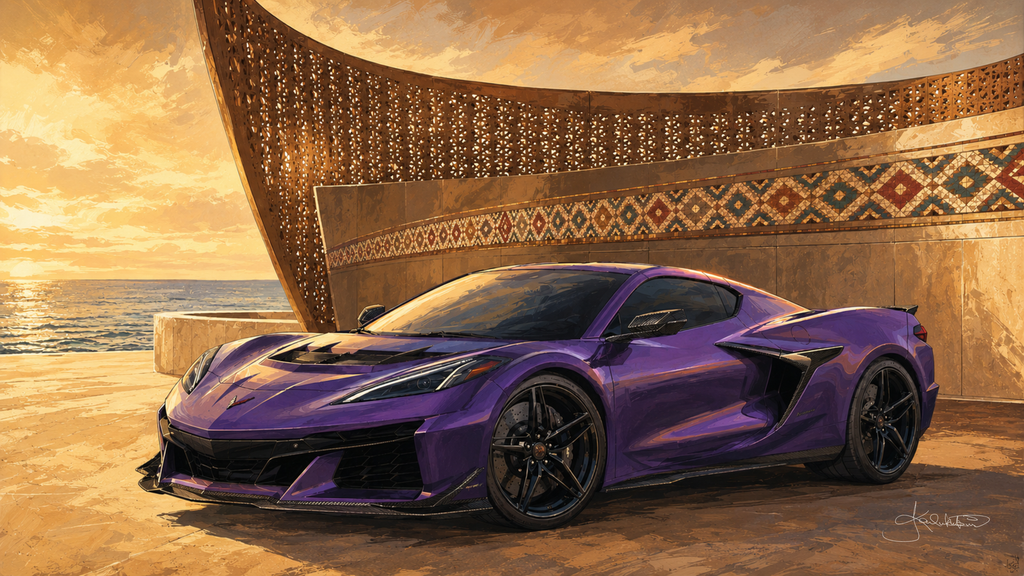 A purple Chevrolet Corvette ZR1 on sand at sunset beside a curved perforated screen and a wall banded with sadu weaving, the sea beyond. Dreamy Car 4K desktop wallpaper by Dreams On Kanvas