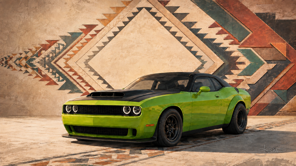 A bright green Dodge Challenger SRT Demon with a black bonnet against a large diamond sadu mural in cream, red and green. Dreamy Car 4K desktop wallpaper by Dreams On Kanvas