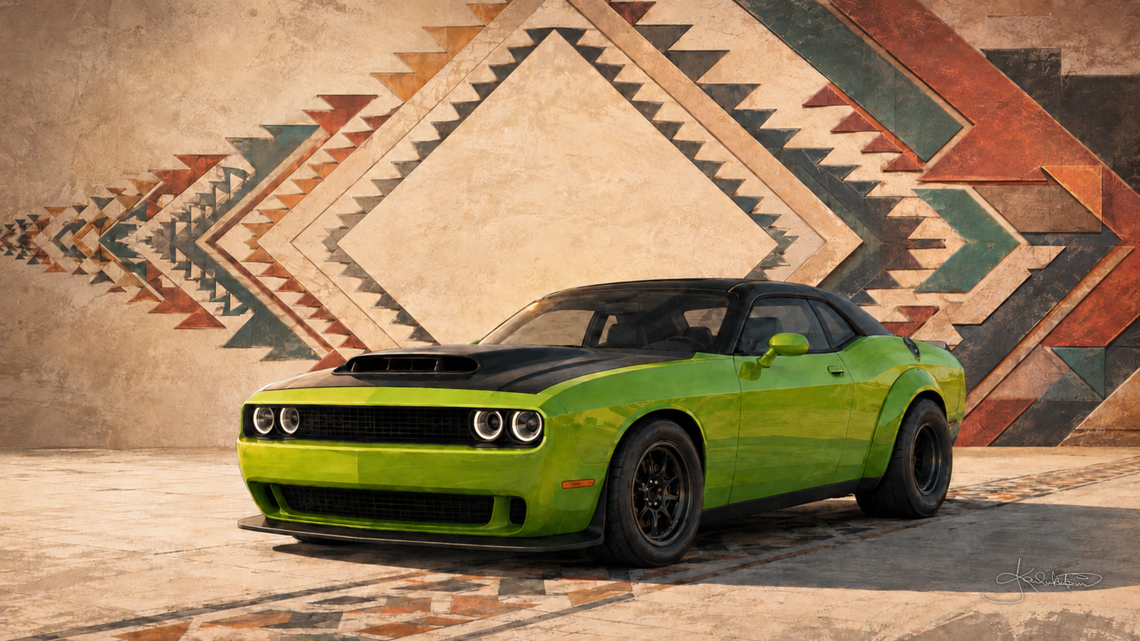 A bright green Dodge Challenger SRT Demon with a black bonnet against a large diamond sadu mural in cream, red and green. Dreamy Car 4K desktop wallpaper by Dreams On Kanvas