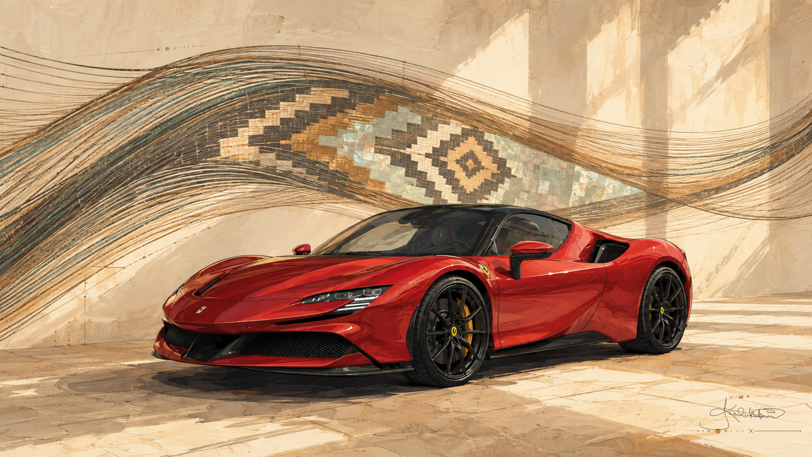 A red Ferrari SF90 Stradale in a pale stone hall, a flowing woven mosaic wave running across the wall behind it. Dreamy Car 4K desktop wallpaper by Dreams On Kanvas