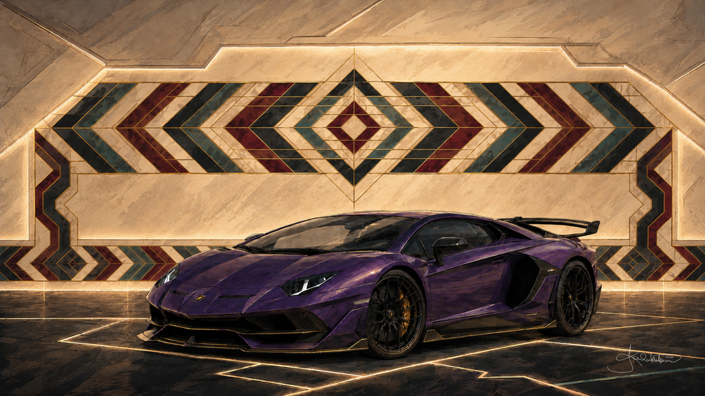 A purple Lamborghini Aventador SVJ in a dark hall, a lit chevron sadu wall behind it and gold lines running across the floor. Dreamy Car 4K desktop wallpaper by Dreams On Kanvas