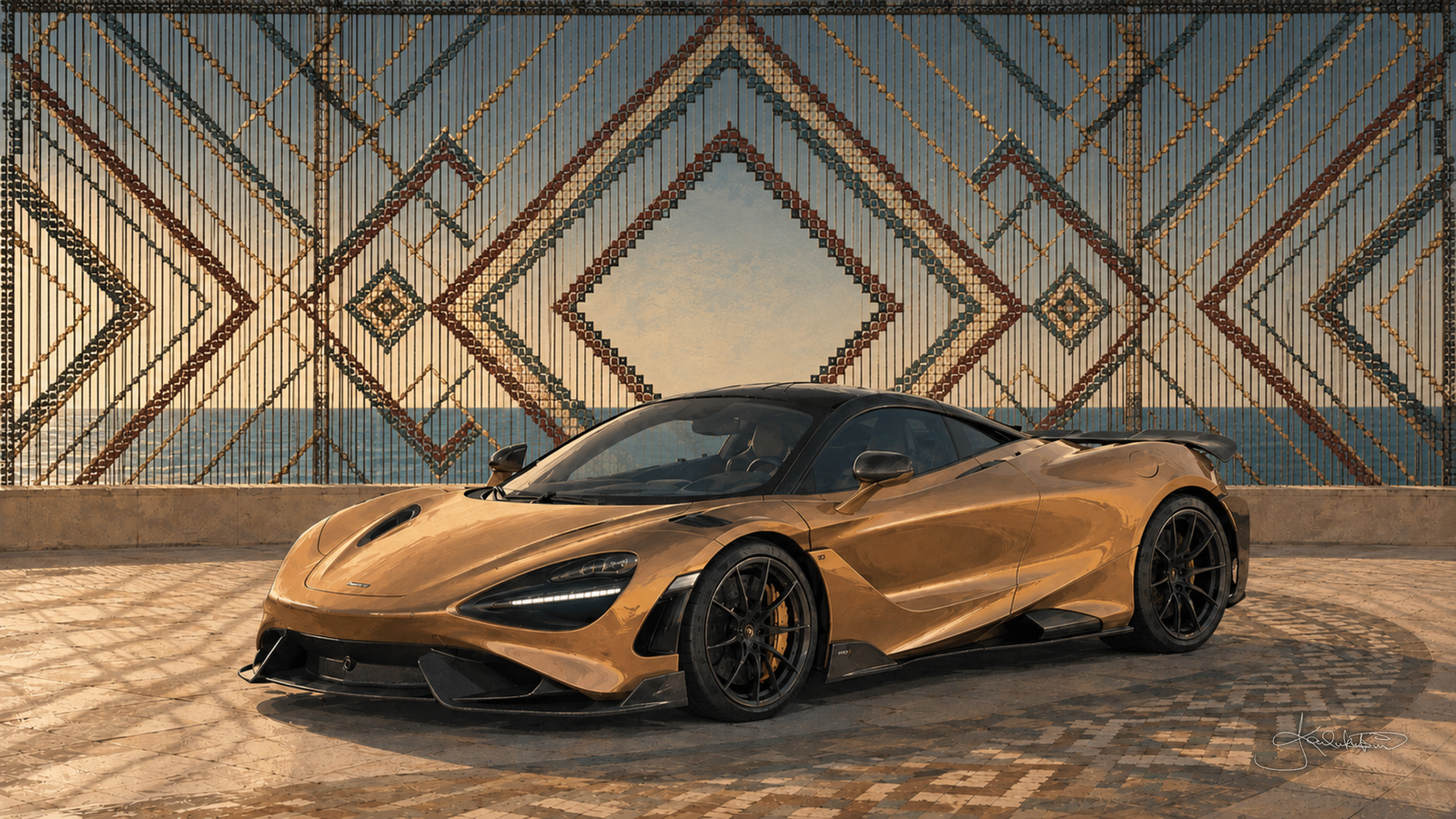 A gold McLaren 765LT on tiled stone in front of a tall woven screen of sadu diamonds, the sea visible through the gaps. Dreamy Car 4K desktop wallpaper by Dreams On Kanvas