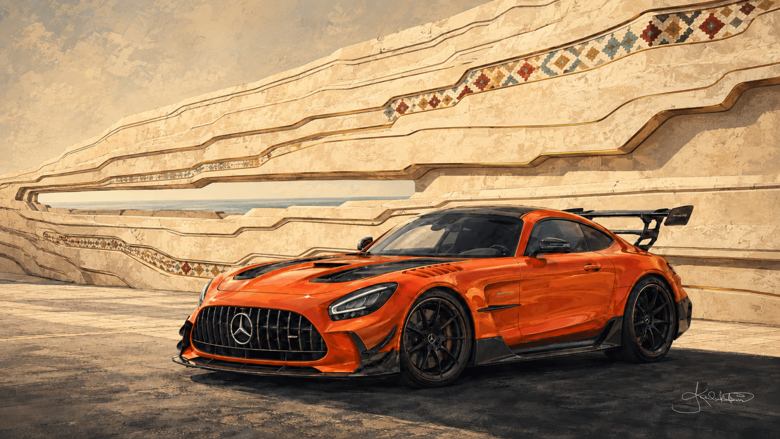 An orange Mercedes-AMG GT Black Series against layered pale stone terraces inlaid with narrow bands of sadu weaving. Dreamy Car 4K desktop wallpaper by Dreams On Kanvas