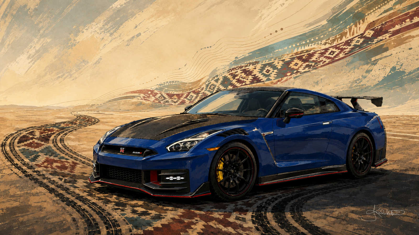 A blue Nissan GT-R NISMO with a carbon bonnet in the desert, sadu patterns worked into the sand and the hills behind it. Dreamy Car 4K desktop wallpaper by Dreams On Kanvas