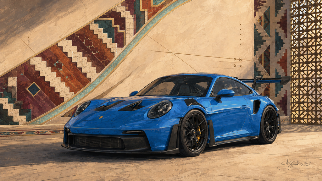 A blue Porsche 911 GT3 RS in a stone courtyard, a sweeping sadu stair pattern on the wall and a pierced screen beside it. Dreamy Car 4K desktop wallpaper by Dreams On Kanvas