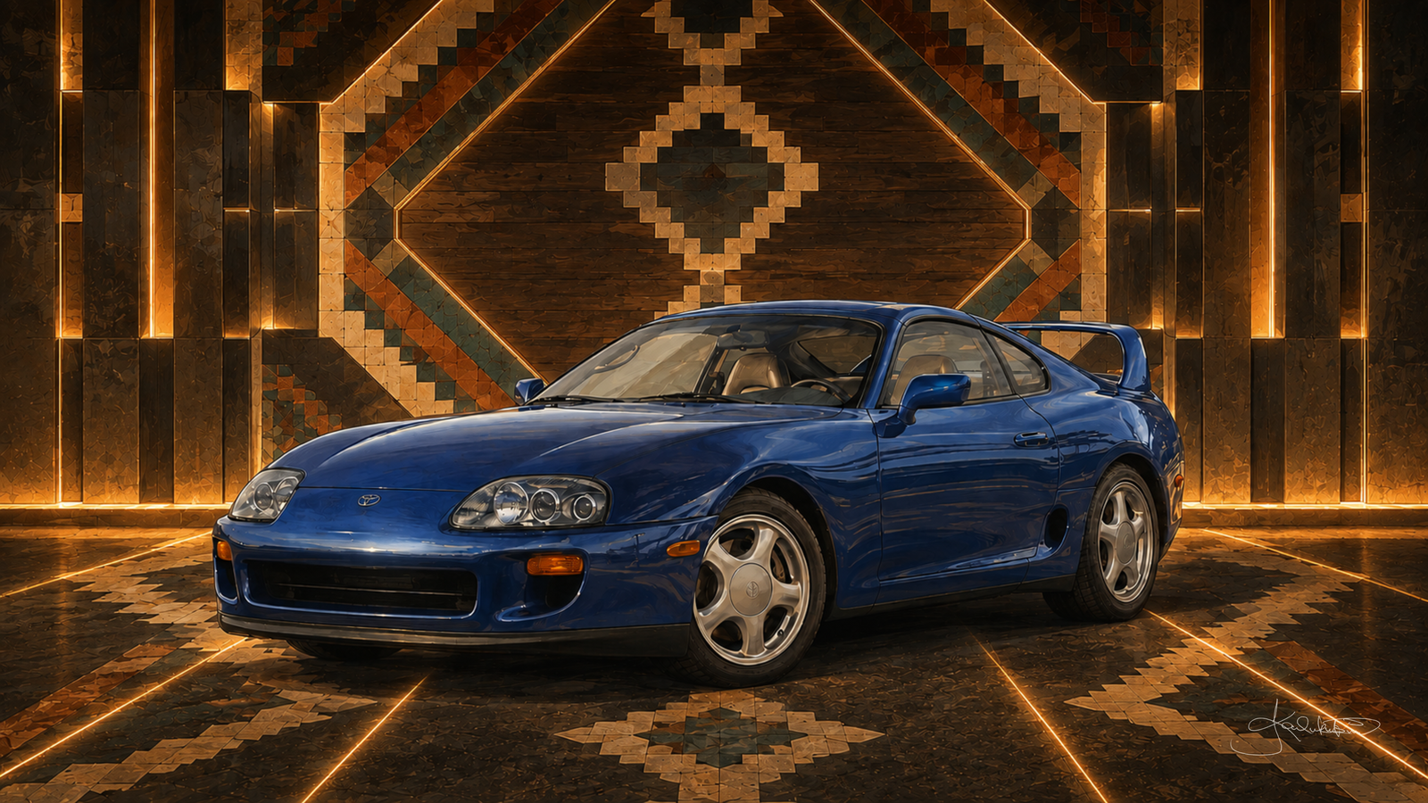 A blue Toyota Supra MK4 in a dark hall lit by glowing gold geometry on the wall and floor, laid out in sadu diamonds. Dreamy Car 4K desktop wallpaper by Dreams On Kanvas
