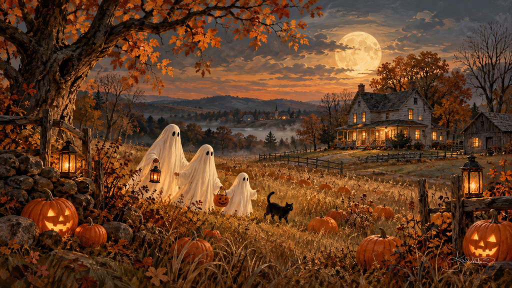 Three friendly sheet ghosts and a black cat crossing a moonlit autumn field past glowing jack-o'-lanterns, a farmhouse lit up on the hill. Cozy Halloween Frame TV art from the Dreamy Halloween collection by Dreams On Kanvas