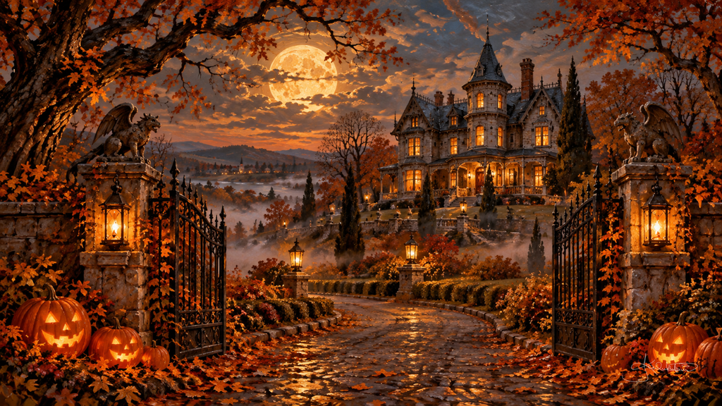 Open iron gates under autumn trees, jack-o'-lanterns lining a wet cobbled drive up to a lit Victorian manor beneath a full moon. Cozy Halloween Frame TV art from the Dreamy Halloween collection by Dreams On Kanvas
