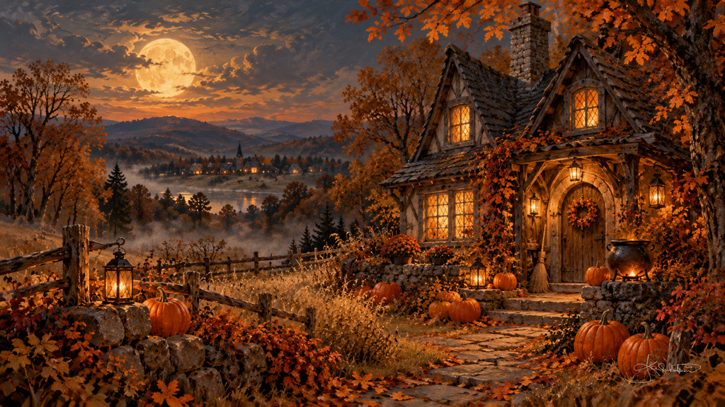 A stone cottage with glowing windows, a wreath on the door and a cauldron by the step, pumpkins along the fence under a full moon. Cozy Halloween Frame TV art from the Dreamy Halloween collection by Dreams On Kanvas