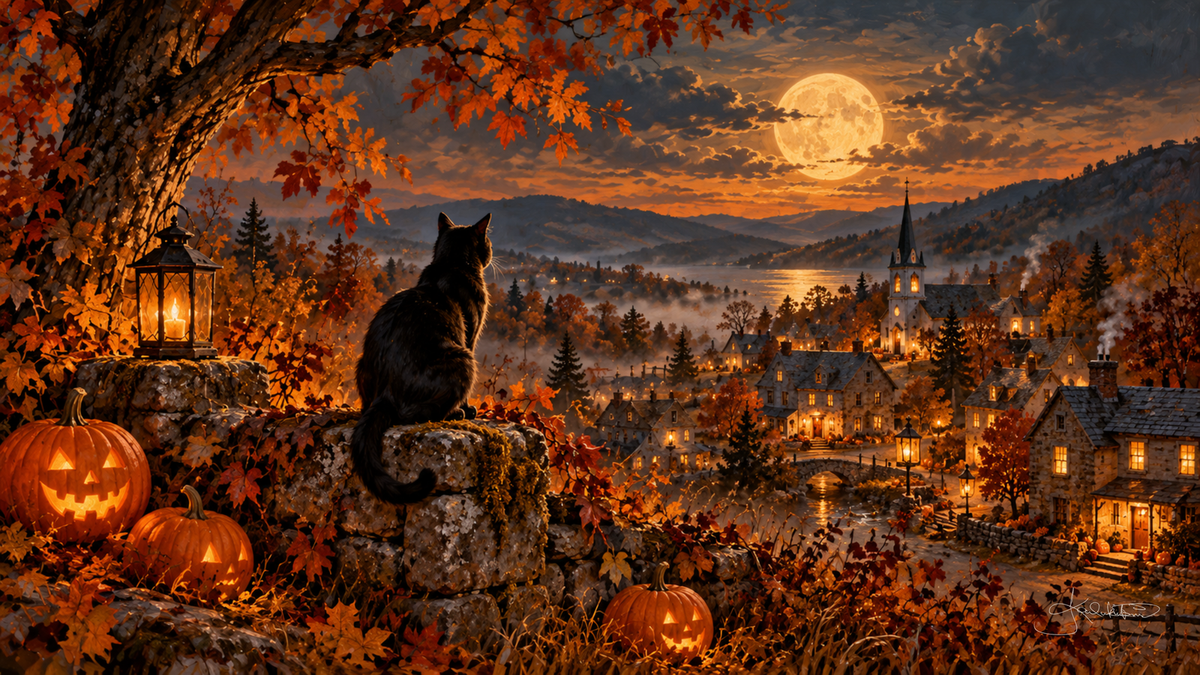 A black cat on a stone wall beside a lantern and jack-o'-lanterns, looking over a misty valley village and church spire under the moon. Cozy Halloween Frame TV art from the Dreamy Halloween collection by Dreams On Kanvas
