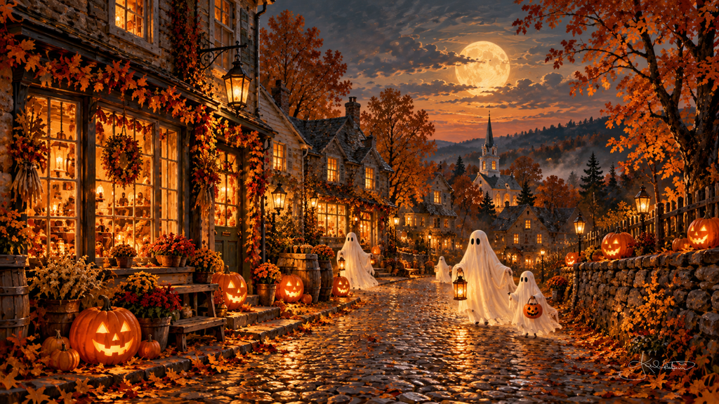Little sheet ghosts trick-or-treating down a cobbled village street of lit shop windows and carved pumpkins on a moonlit night. Cozy Halloween Frame TV art from the Dreamy Halloween collection by Dreams On Kanvas