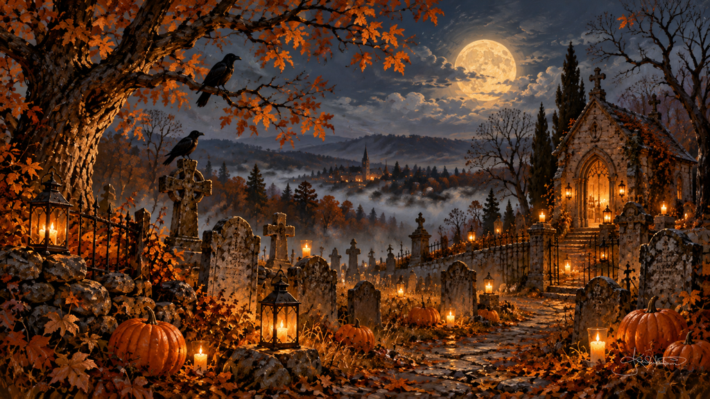 A candlelit chapel yard with old stones, lanterns and pumpkins under a crow-topped oak, a misty valley and full moon beyond. Cozy Halloween Frame TV art from the Dreamy Halloween collection by Dreams On Kanvas