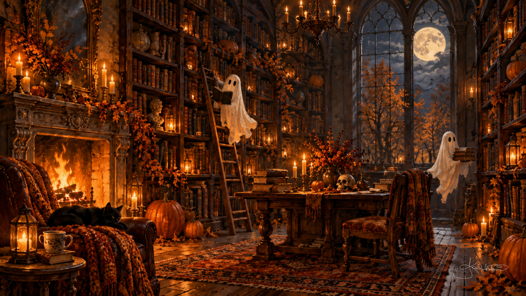 Two friendly ghosts reading in a candlelit library with a roaring fireplace, a sleeping black cat and the full moon in the tall windows. Cozy Halloween Frame TV art from the Dreamy Halloween collection by Dreams On Kanvas