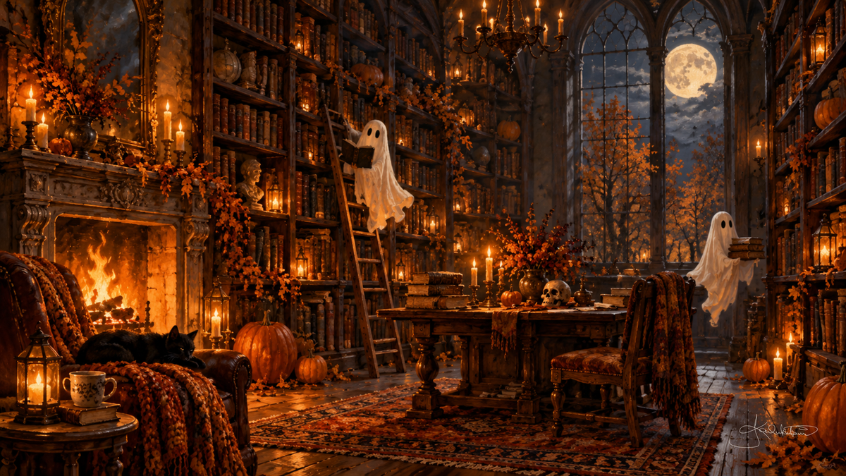 Two friendly ghosts reading in a candlelit library with a roaring fireplace, a sleeping black cat and the full moon in the tall windows. Cozy Halloween Frame TV art from the Dreamy Halloween collection by Dreams On Kanvas