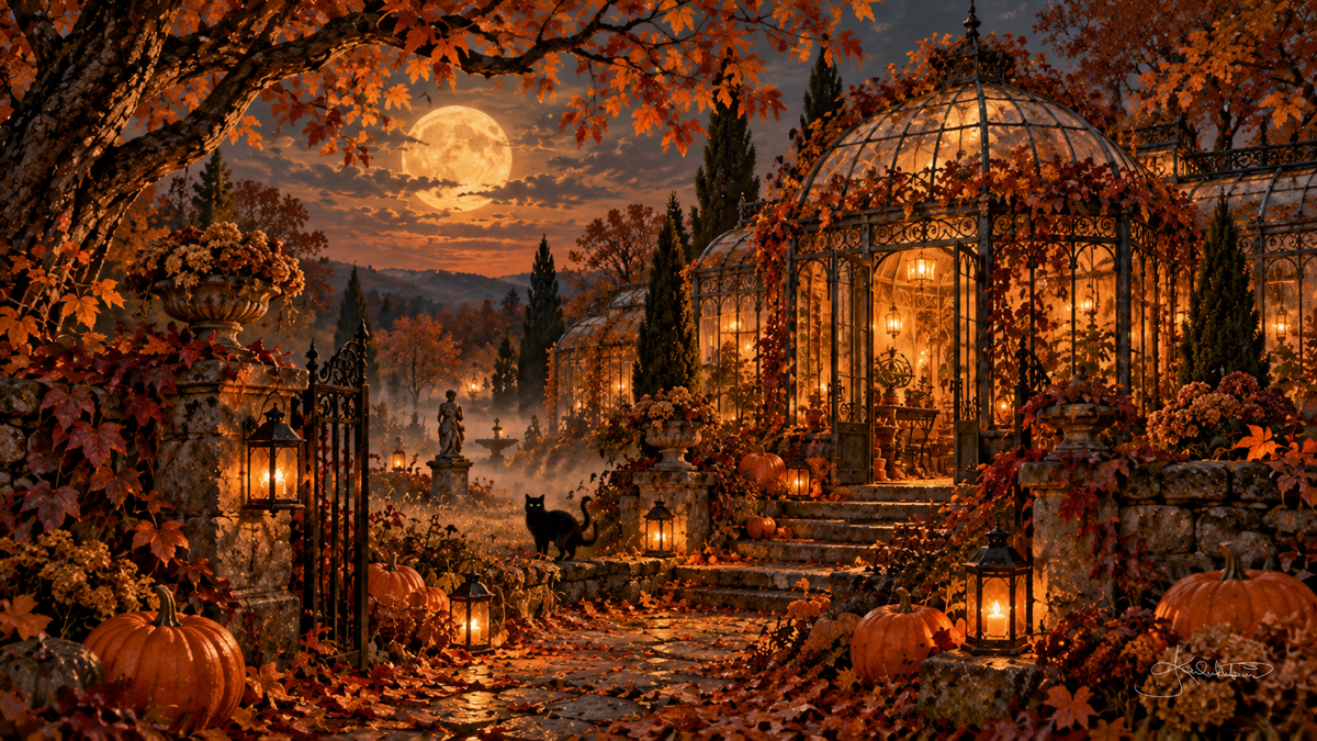 A glowing glass conservatory wrapped in autumn vines, a black cat on the garden path among lanterns and pumpkins under the moon. Cozy Halloween Frame TV art from the Dreamy Halloween collection by Dreams On Kanvas