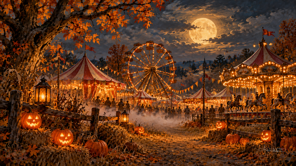 A moonlit harvest carnival with a lit ferris wheel, carousel and striped tents behind a fence of jack-o'-lanterns. Cozy Halloween Frame TV art from the Dreamy Halloween collection by Dreams On Kanvas