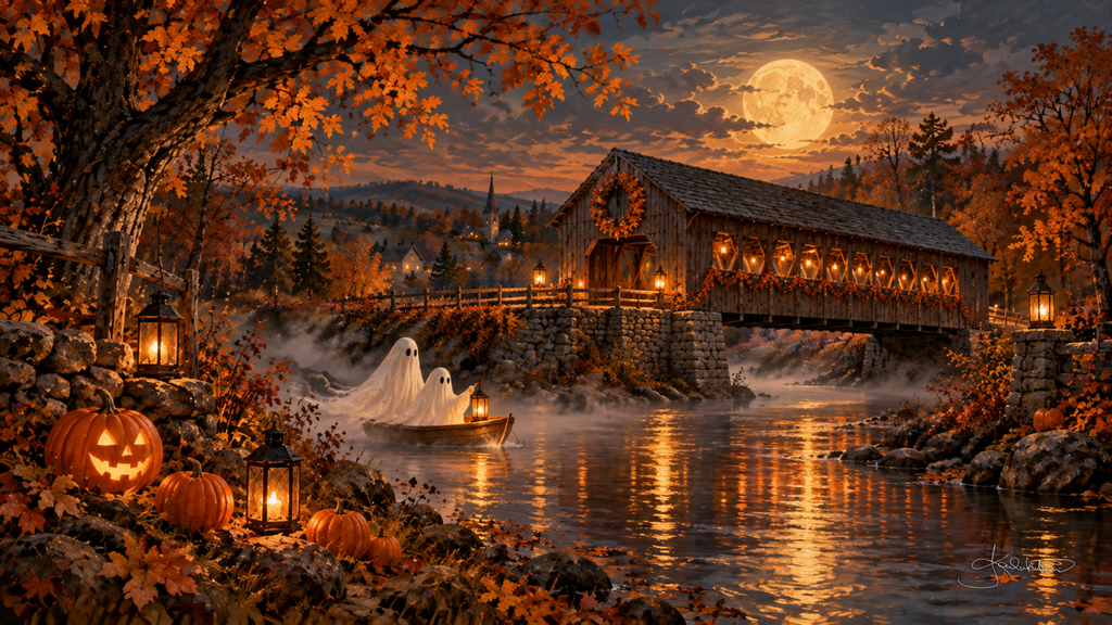 Two ghosts drift in a rowboat beneath a covered bridge strung with jack-o'-lanterns, the river glowing in the moonlight. Cozy Halloween Frame TV art from the Dreamy Halloween collection by Dreams On Kanvas