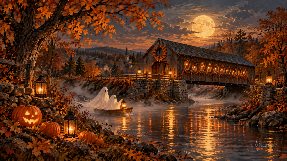 Two ghosts drift in a rowboat beneath a covered bridge strung with jack-o'-lanterns, the river glowing in the moonlight. Cozy Halloween Frame TV art from the Dreamy Halloween collection by Dreams On Kanvas