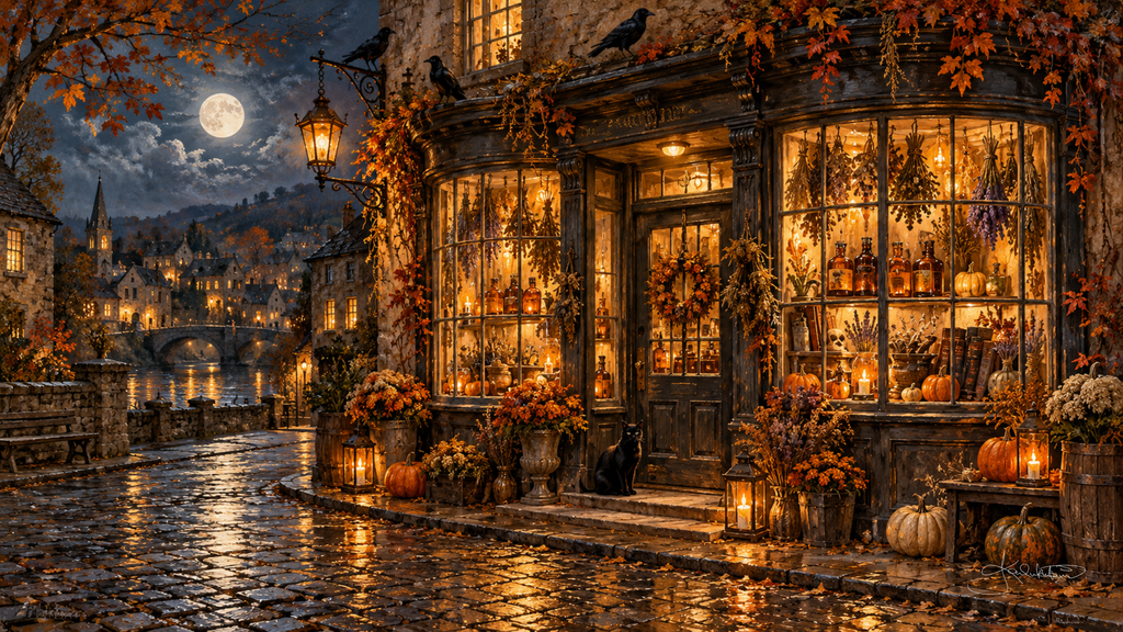 A cozy apothecary shop window full of warm light and dried herbs on a wet cobbled lane, crows on the sign and a black cat at the door. Cozy Halloween Frame TV art from the Dreamy Halloween collection by Dreams On Kanvas