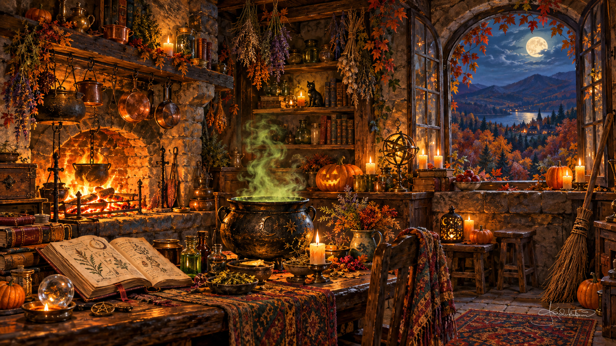 A witch's kitchen by firelight, a bubbling green cauldron, an open spell book, candles and pumpkins, the moon in the arched window. Cozy Halloween Frame TV art from the Dreamy Halloween collection by Dreams On Kanvas