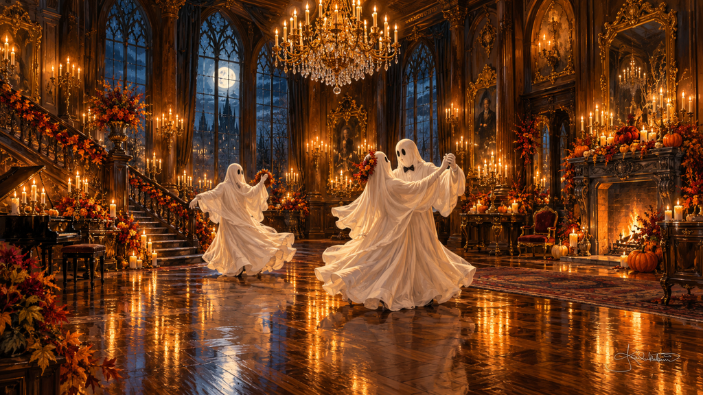 Ghosts waltzing across a gleaming candlelit ballroom under a crystal chandelier, moonlight in the tall windows. Cozy Halloween Frame TV art from the Dreamy Halloween collection by Dreams On Kanvas