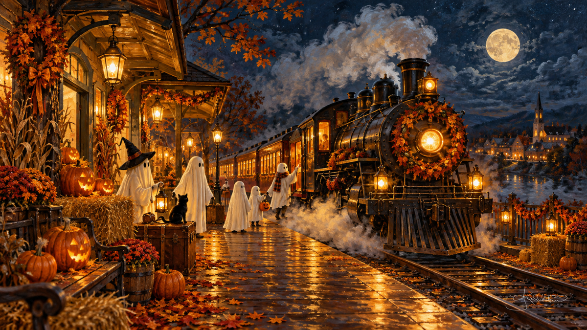 Ghosts and a black cat waiting on a lantern-lit platform as a steam train with a wreath on its nose pulls in under the moon. Cozy Halloween Frame TV art from the Dreamy Halloween collection by Dreams On Kanvas