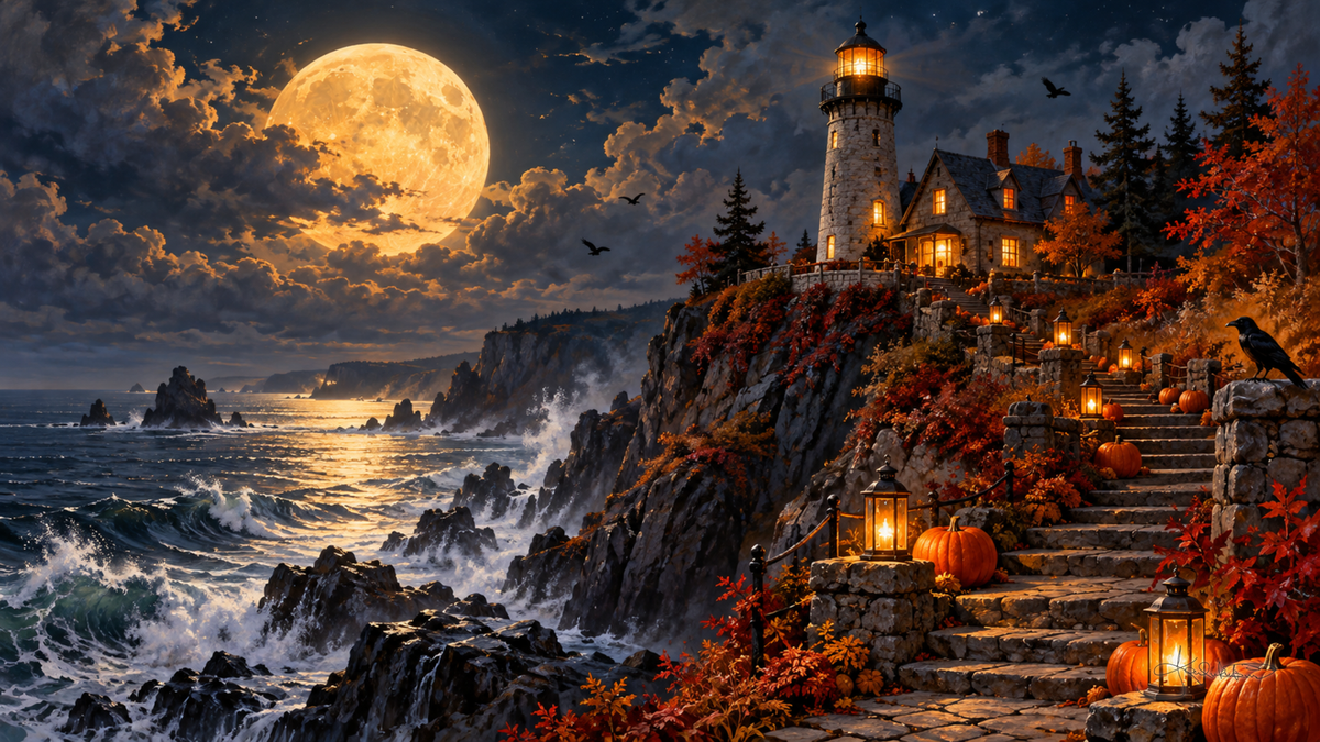 A lighthouse and cottage on a cliff above crashing moonlit waves, stone steps lined with lanterns and pumpkins. Cozy Halloween Frame TV art from the Dreamy Halloween collection by Dreams On Kanvas
