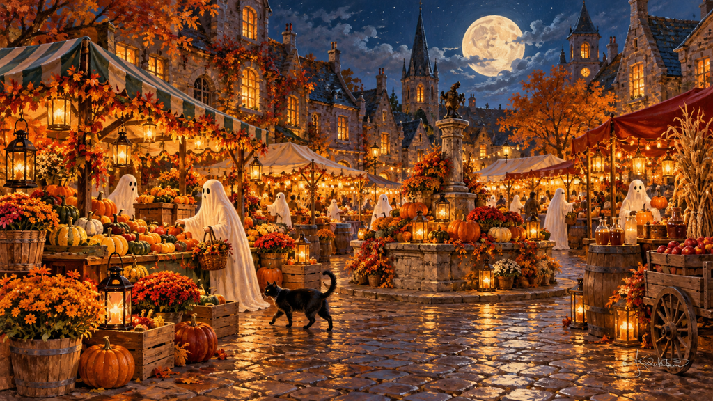 Ghosts shopping a lantern-lit autumn market of pumpkins and mums around a town fountain, a black cat crossing the cobbles. Cozy Halloween Frame TV art from the Dreamy Halloween collection by Dreams On Kanvas