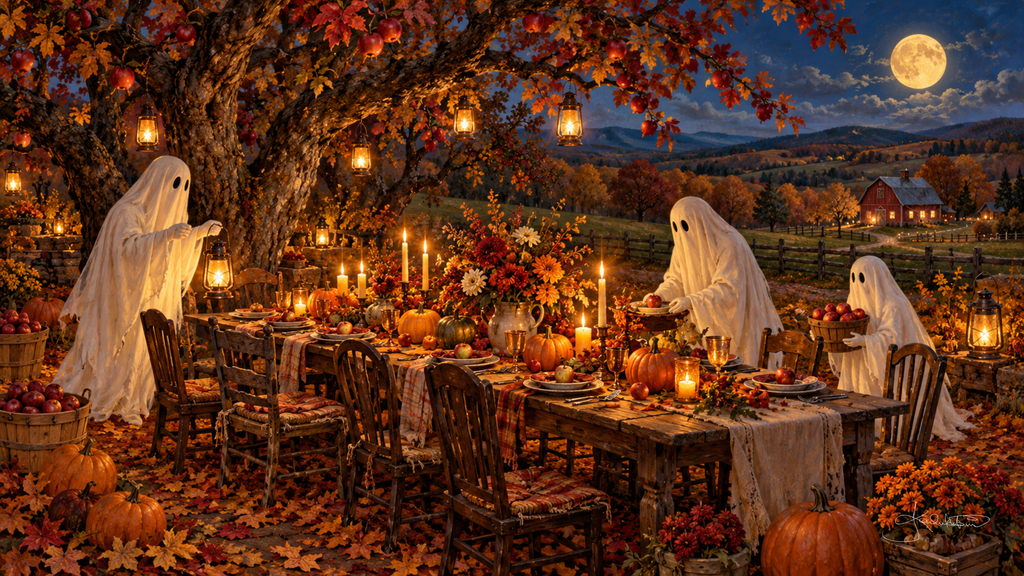 Ghosts setting a long candlelit harvest table under an autumn tree, pumpkins and lanterns all around, farmland under the moon. Cozy Halloween Frame TV art from the Dreamy Halloween collection by Dreams On Kanvas