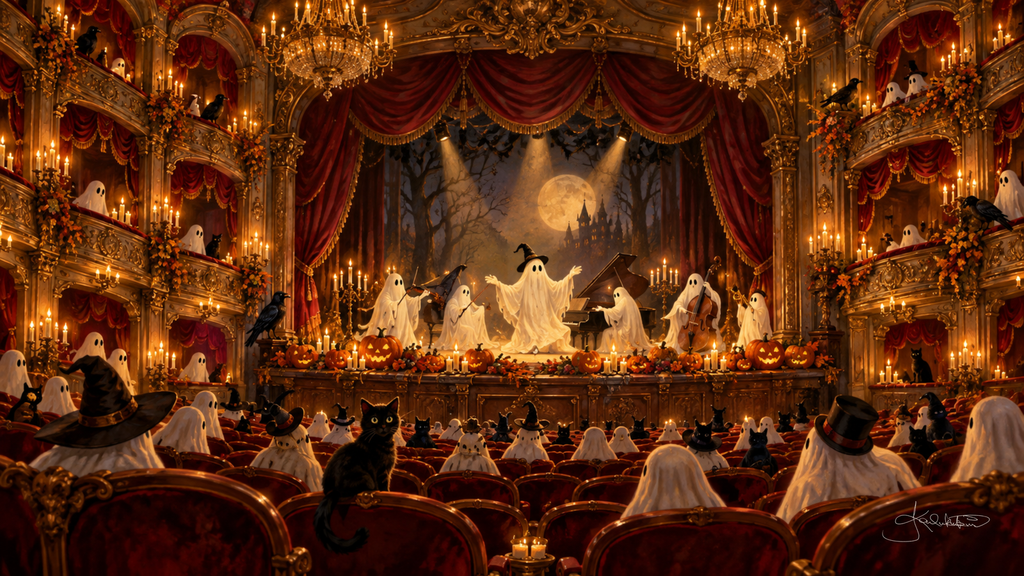 A gilded theater full of ghosts and black cats watching a ghost troupe on a candlelit stage. Cozy Halloween Frame TV art from the Dreamy Halloween collection by Dreams On Kanvas
