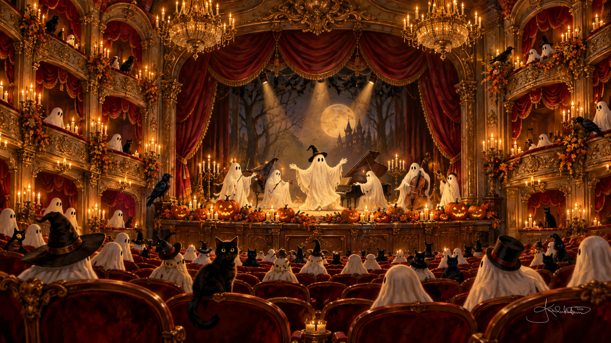 A gilded theater full of ghosts and black cats watching a ghost troupe on a candlelit stage. Cozy Halloween Frame TV art from the Dreamy Halloween collection by Dreams On Kanvas