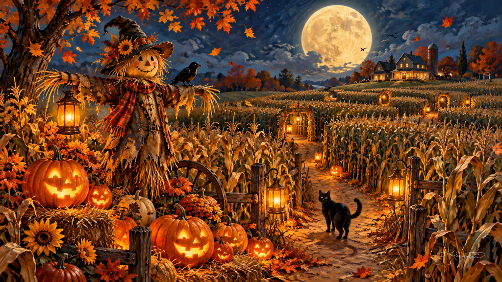 A smiling scarecrow beside glowing jack-o'-lanterns and sunflowers at the edge of a moonlit cornfield, a black cat on the path. Cozy Halloween Frame TV art from the Dreamy Halloween collection by Dreams On Kanvas