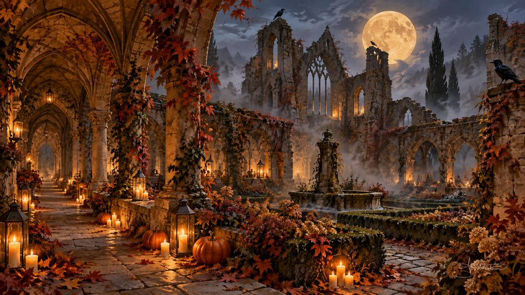 Candlelit cloister arches beside moonlit abbey ruins wrapped in autumn ivy, a misty fountain garden and crows on the stones. Cozy Halloween Frame TV art from the Dreamy Halloween collection by Dreams On Kanvas