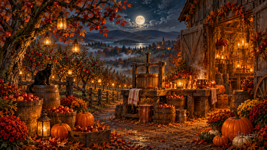 A black cat on a barrel at an orchard cider press, crates of apples and pumpkins glowing by lantern light under the moon. Cozy Halloween Frame TV art from the Dreamy Halloween collection by Dreams On Kanvas