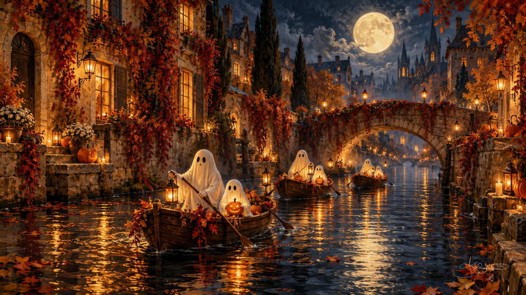 Ghosts rowing lantern-lit boats along a canal beneath a stone bridge, old town walls and towers under a full moon. Cozy Halloween Frame TV art from the Dreamy Halloween collection by Dreams On Kanvas