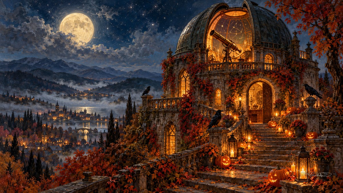 A domed observatory with its telescope pointed at a full moon, lantern-lit steps and crows above a misty mountain valley. Cozy Halloween Frame TV art from the Dreamy Halloween collection by Dreams On Kanvas